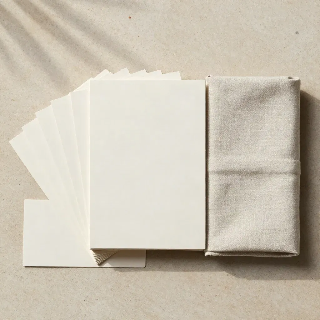Pale paper sleeve, blank card stack, and linen wrap arranged in a precise overhead flatlay.