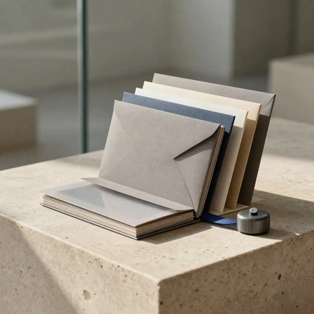 Launch bundle of card folios, matte envelopes and paper sleeve on pale stone in sunlight.