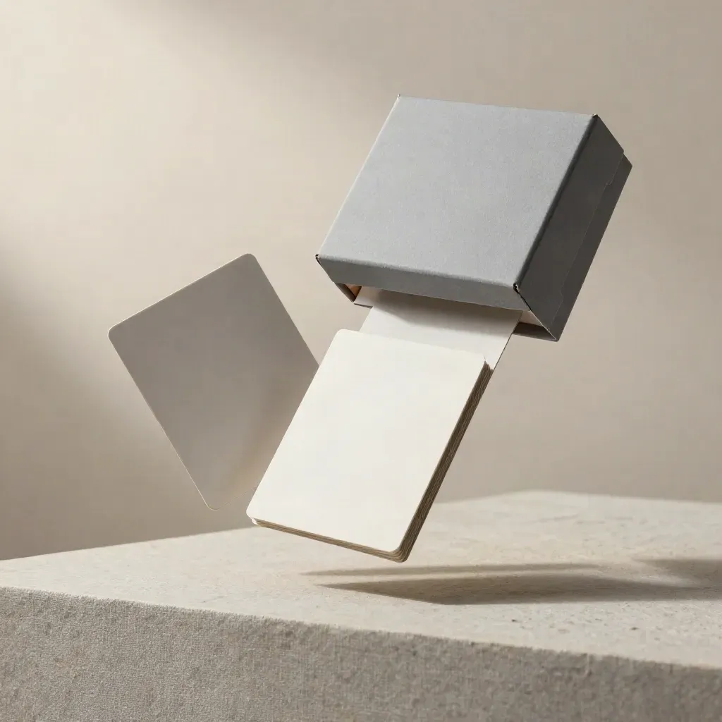 Matte card box with blank inserts and a paper band hovering over ash-grey linen, softly lit.