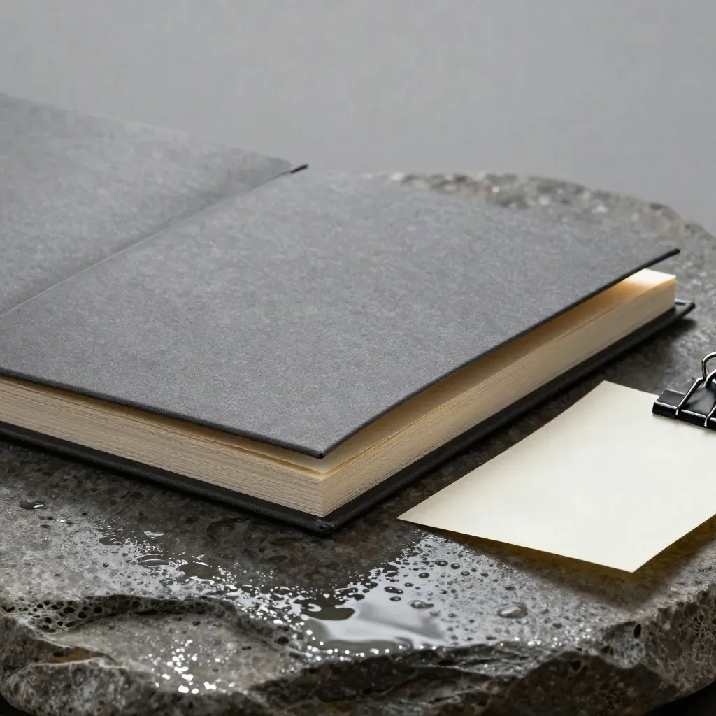 Graphite folder, folded proof sheet, and clipped note card on wet stone in hard light.
