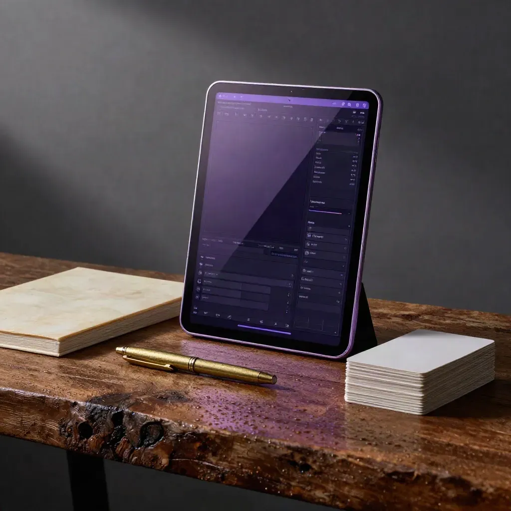 Slate tablet, ivory folio, brass pen and cards on wet oak in moody rainlit studio