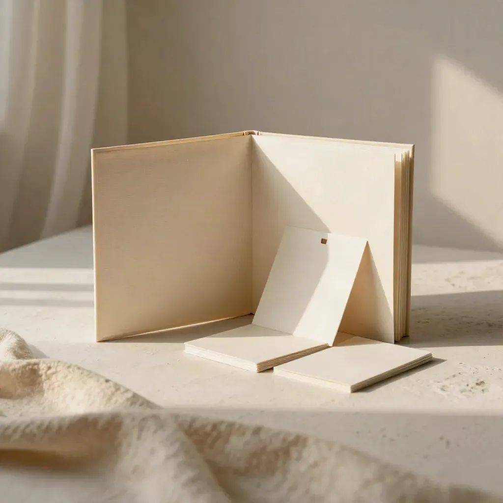 Cream folio, tagless box, and blank spec cards on pale plaster in soft window light.