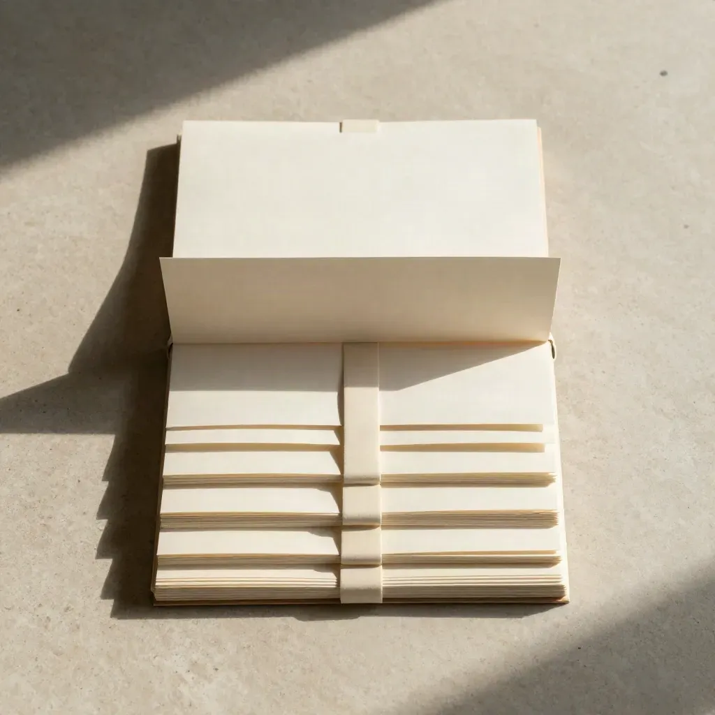 Top-down flatlay of folded tone-rewrite papers, binding wrap and tabbed insert on pale stone.