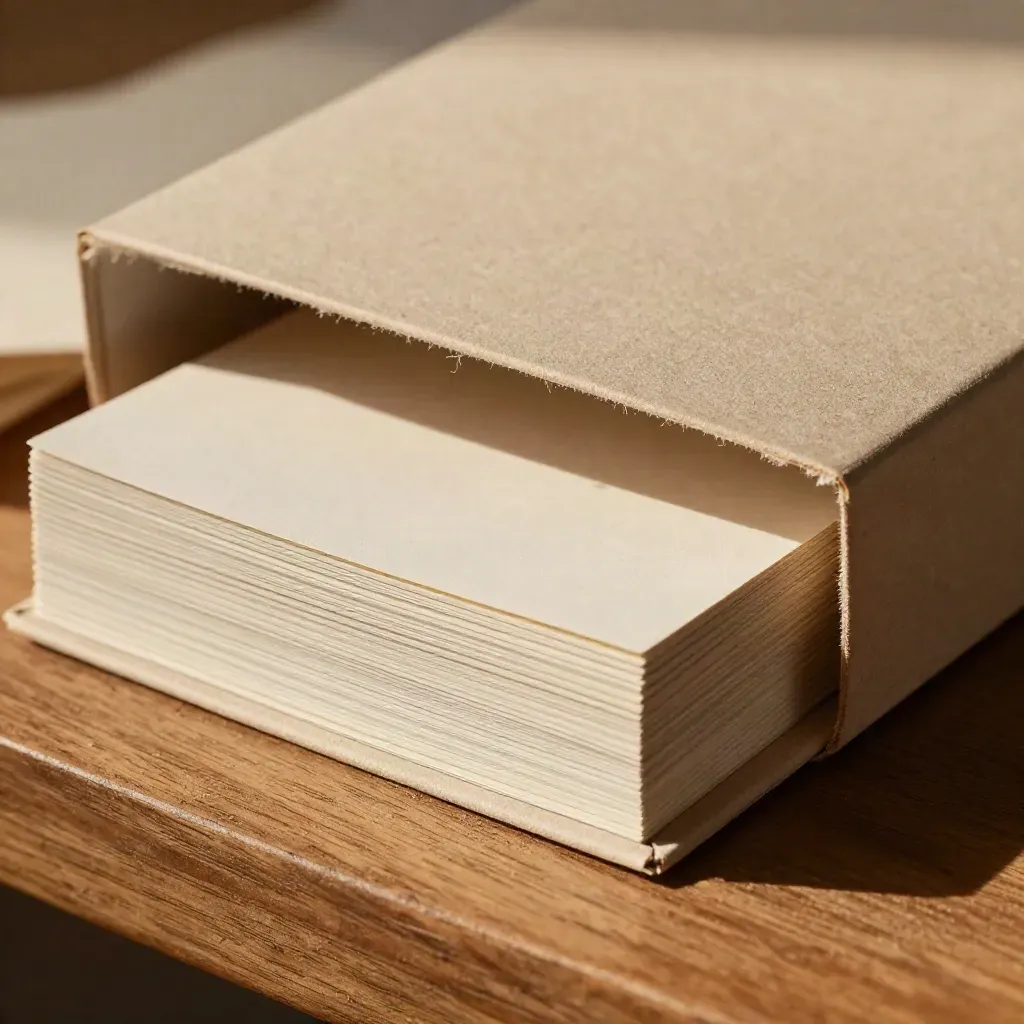 Macro of a sand-toned Story Prompt Box sleeve with a blank card partly exposed on warm walnut.