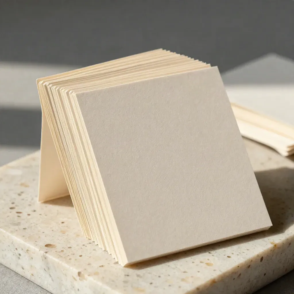 Macro of a paper folio with blank insert cards and a soft belly band on travertine.