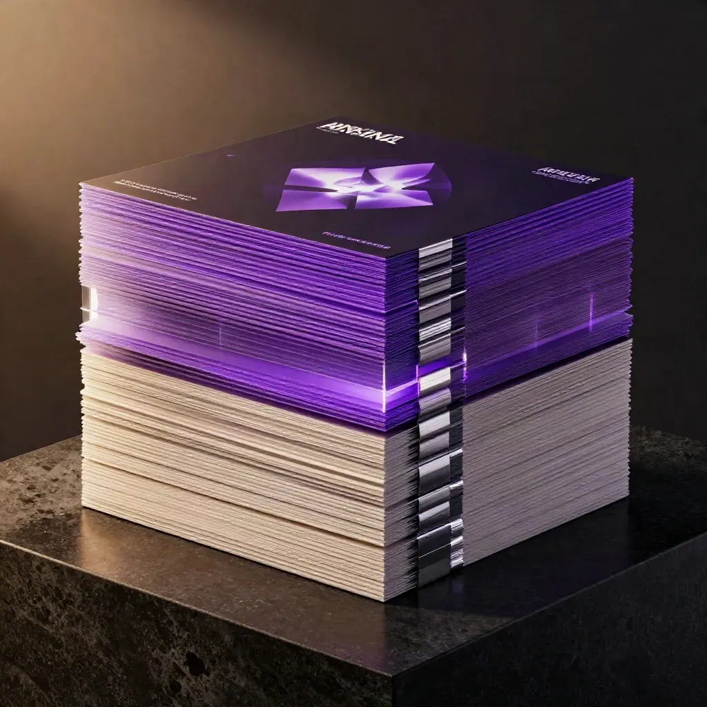Layered folios and glowing inserts on a matte-black pedestal with violet rim light.