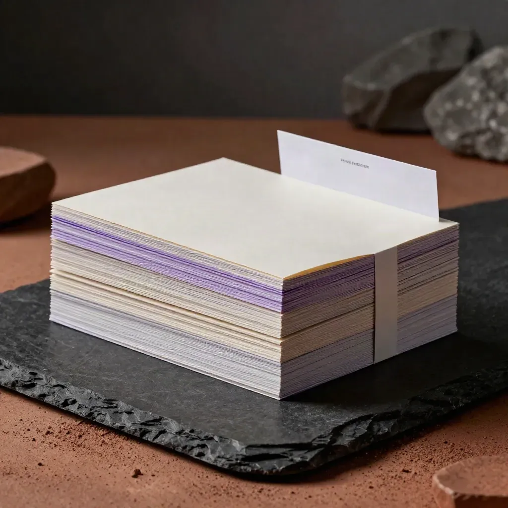 Dark editorial product scene with box, folded page stack, and insert card on stone.