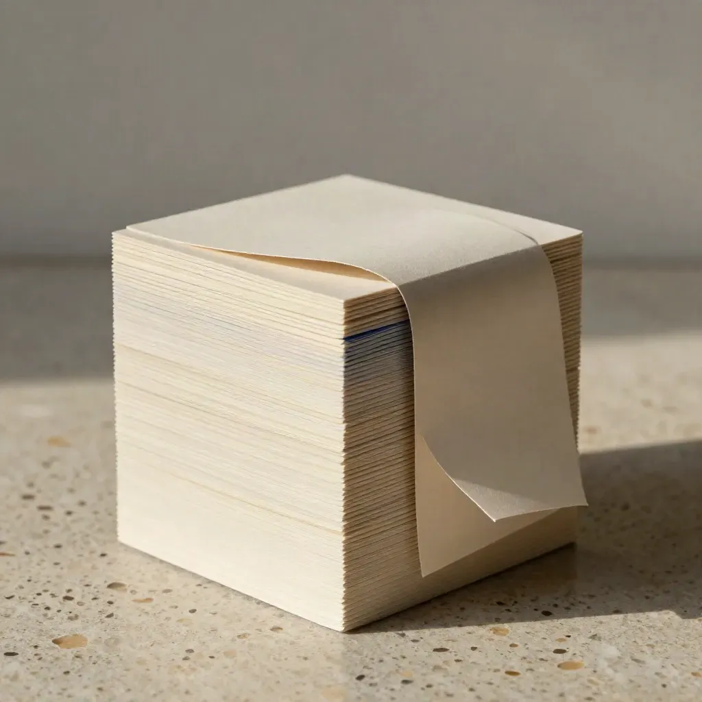 Paper card cube with lifted edge and loose slips on travertine, softly lit with indigo accents.