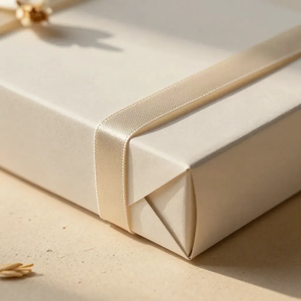 Cream rewrite pack box with loose ribbon and folded sheet on warm plaster, lit like luxury product photography.