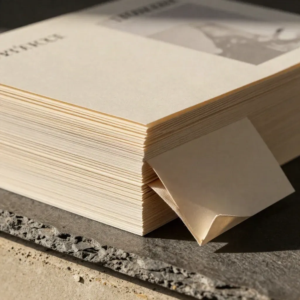 Macro of a layered prompt card deck with a linen corner on slate, lit from upper left.