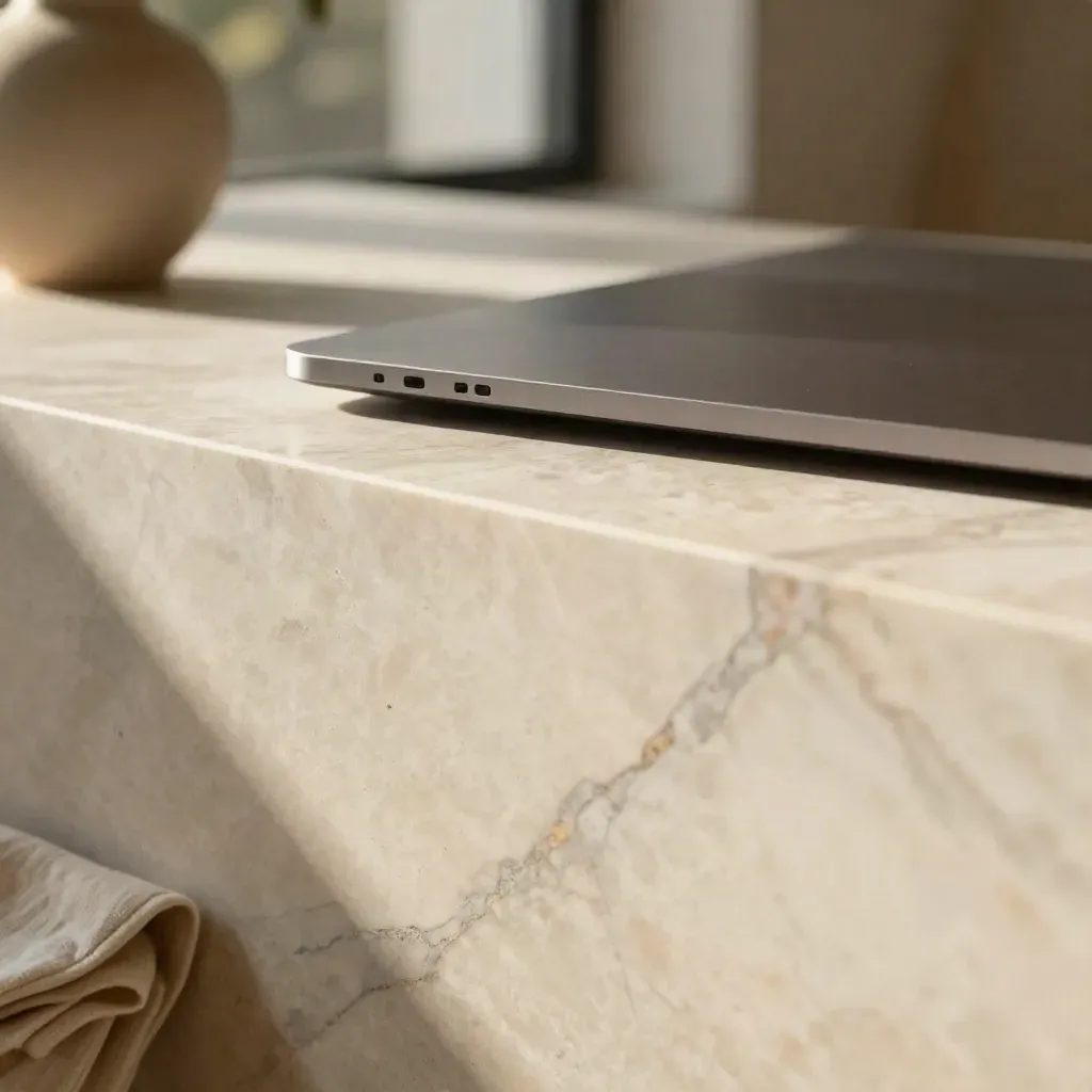 Sunlit marble ledge with ceramic vessel and linen edge above calm copy space