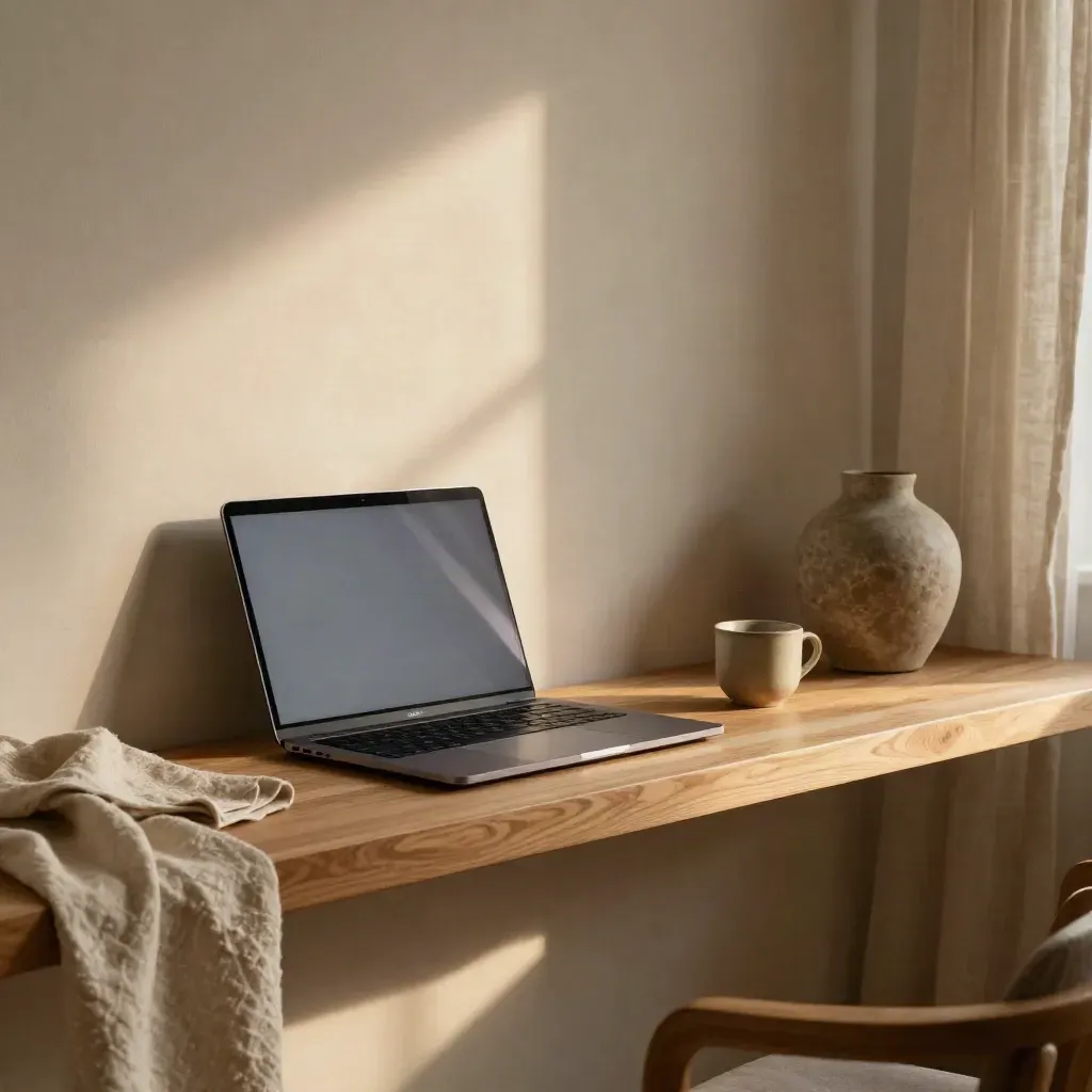 Warm oak shelf interior with laptop, linen curtain, and blurred vessel in soft evening light.