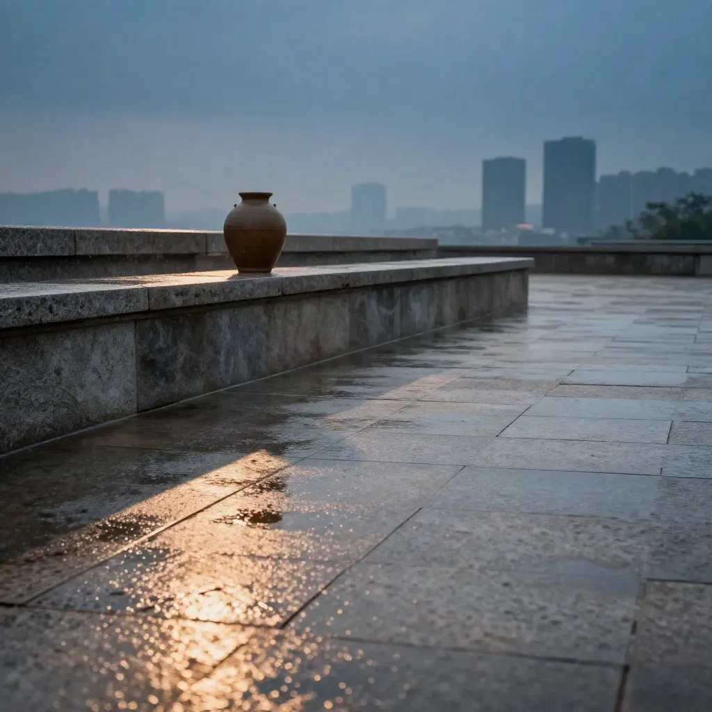 Rain-glossed stone terrace at blue hour with a ceramic vessel and distant city blur
