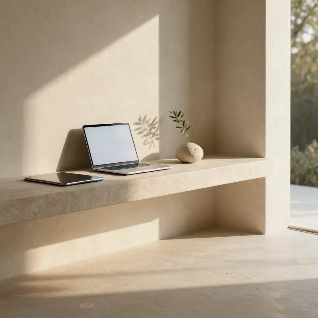 Sunlit plaster alcove with laptop, tablet and stone object in a calm writing workspace.