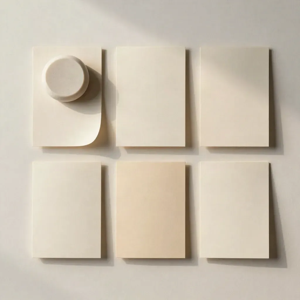 Overhead flatlay of landing-page copy sleeves, paperweight, and folded card on off-white plaster.