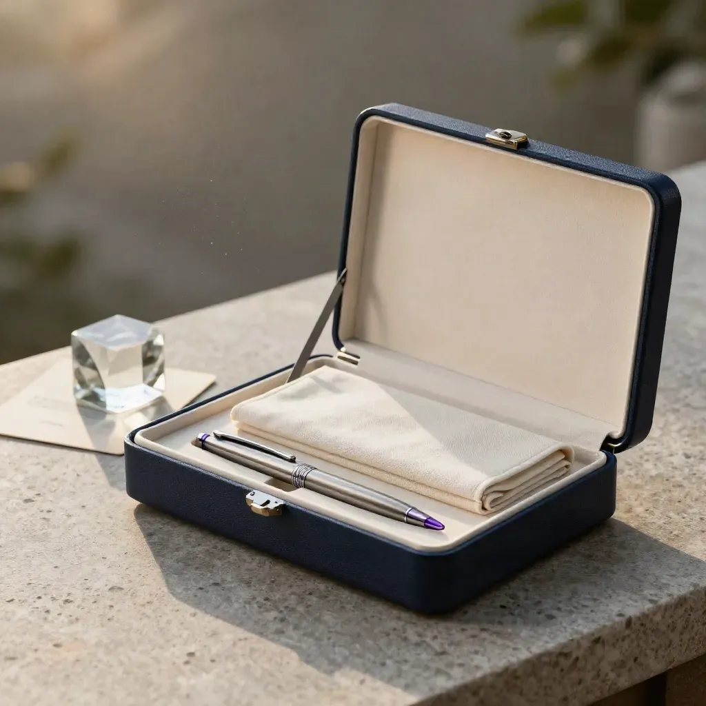 Open navy presentation case with pen, sleeve and paperweight on stone in warm rain-lit studio light.