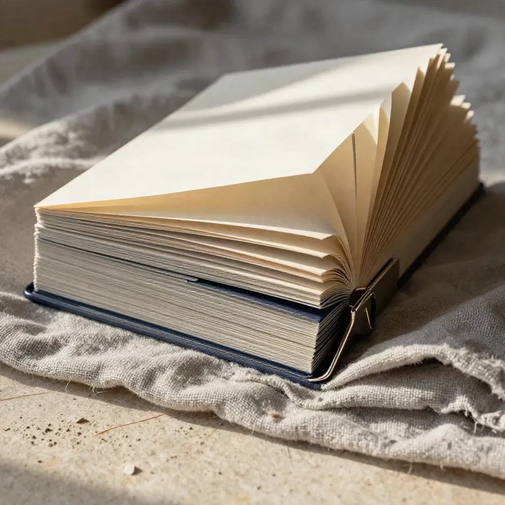 Cream outline card stack in linen folds with charcoal dividers and a slim clasp