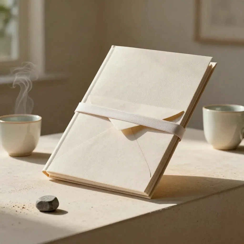 Premium copy pass folio, linen envelope, ceramic cup, and stone weight in warm morning steam.