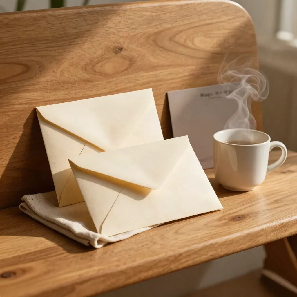 Folded paper launch pack beside a steaming cup on a warm wood bench with soft morning light.