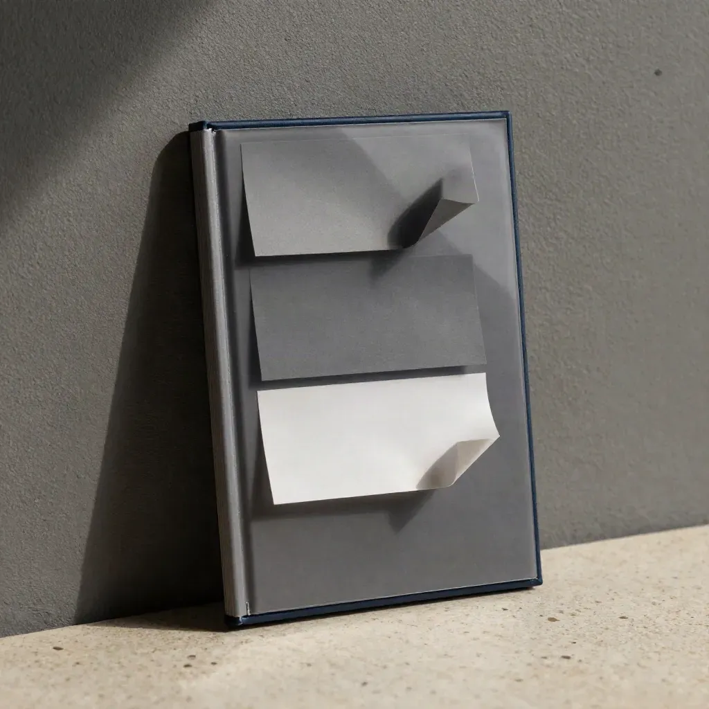Translucent caption deck with floating slips on charcoal plaster, navy accent