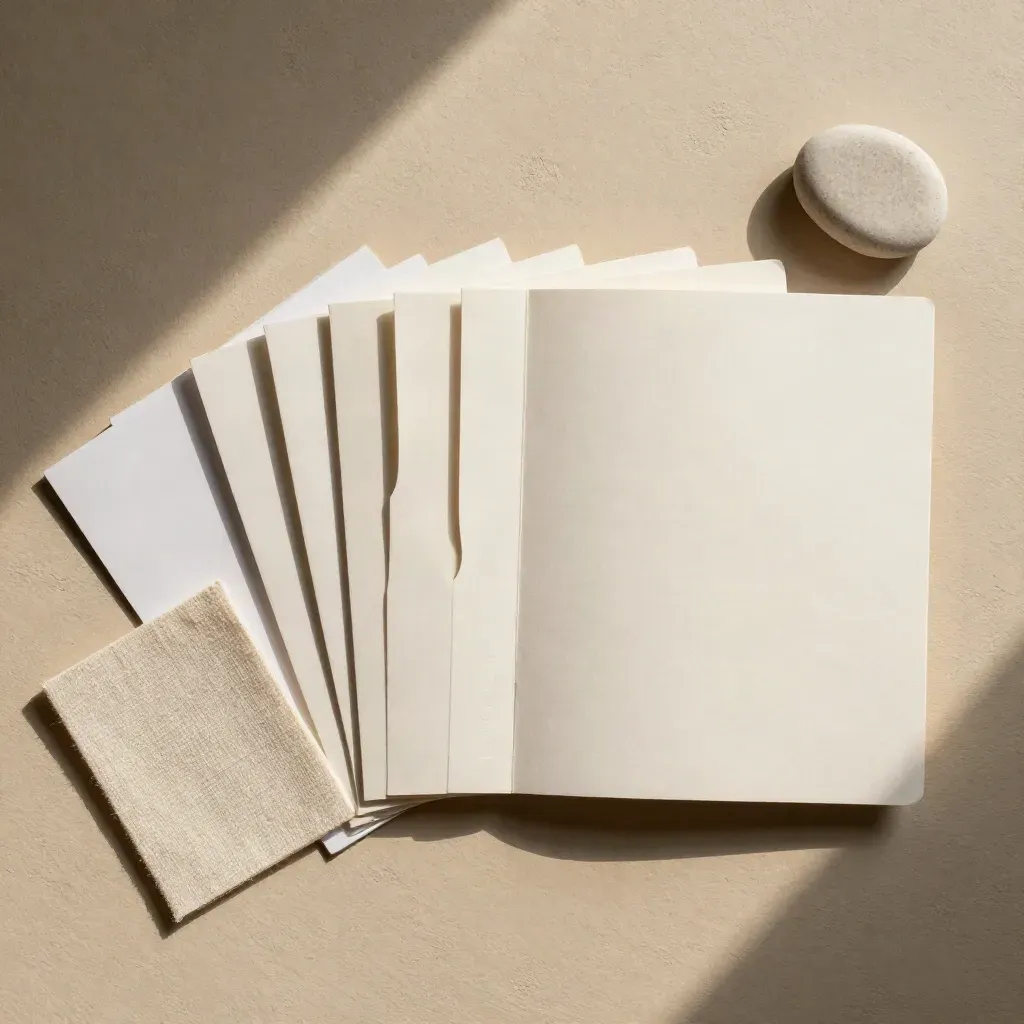 Top-down flatlay of a booklet, linen swatch and stone on warm plaster.