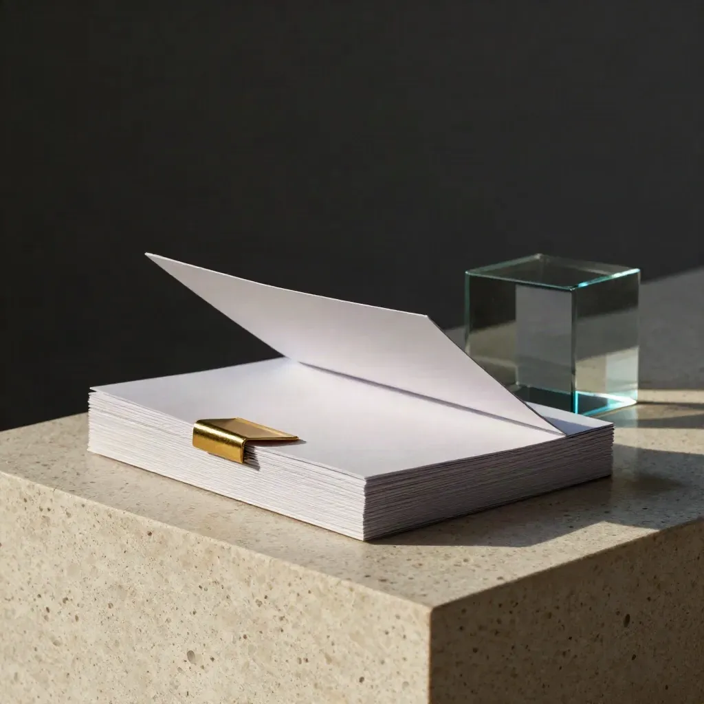 Founder pitch-deck folio with blank cards, brass clip, and glass cube on pale stone.