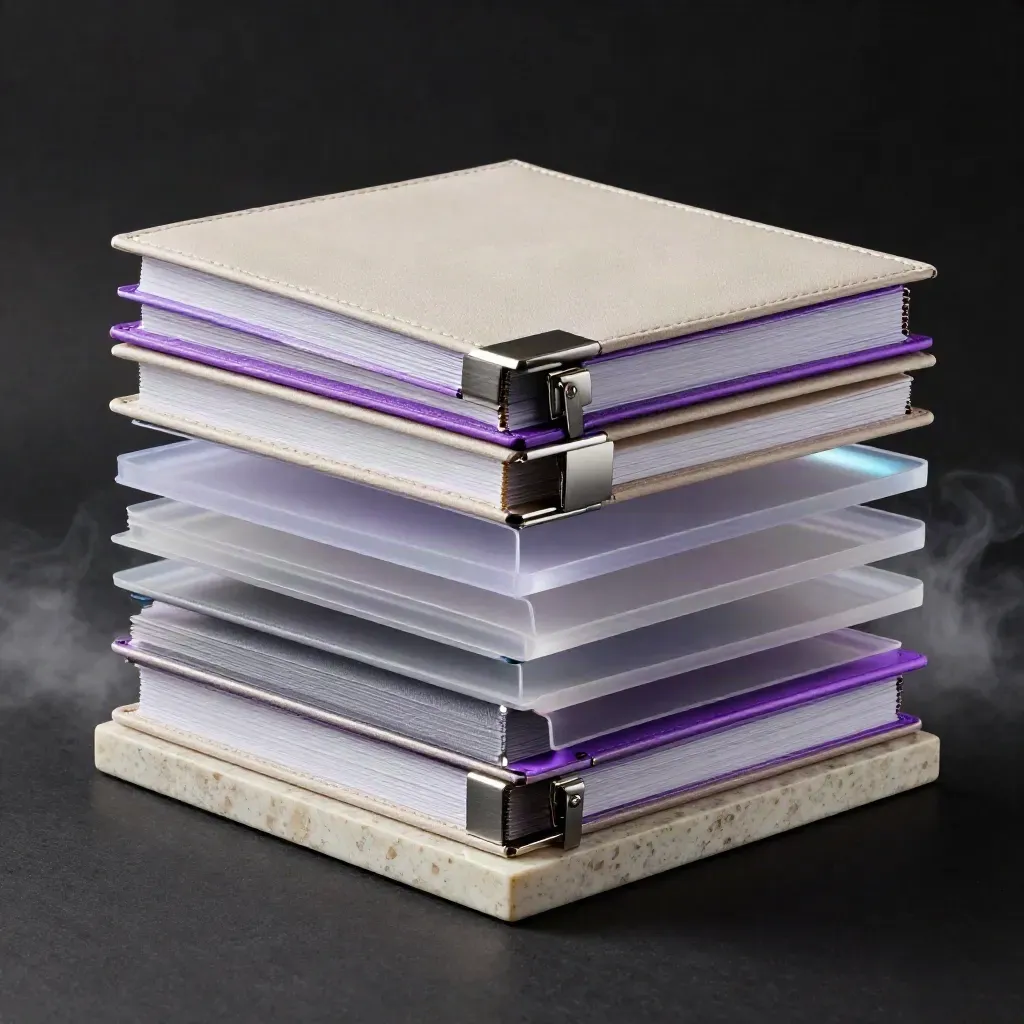 Low-angle stack of premium binders and trays on stone with violet rim light.