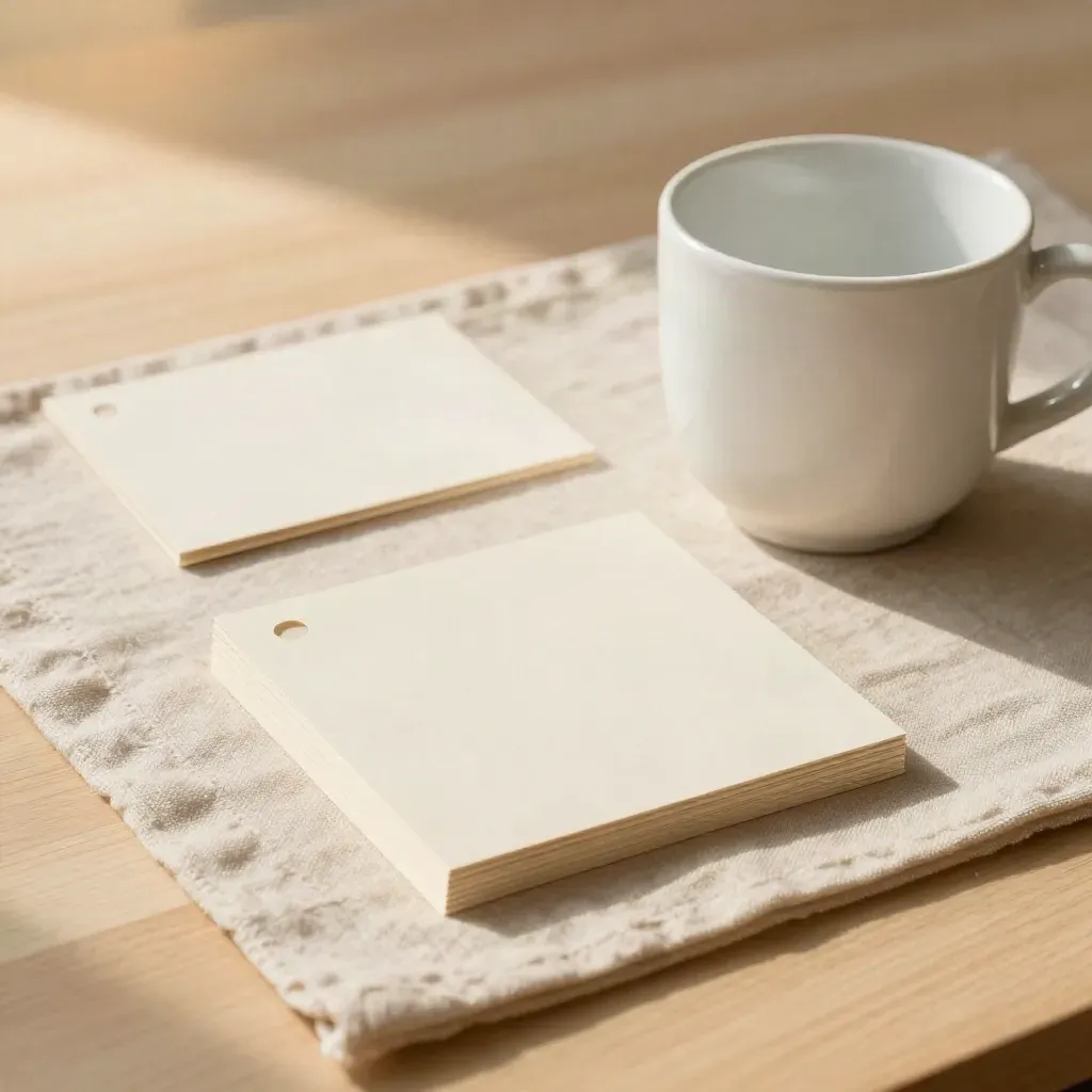 Social-post kit with blank cards, linen mat, and ceramic cup on pale wood