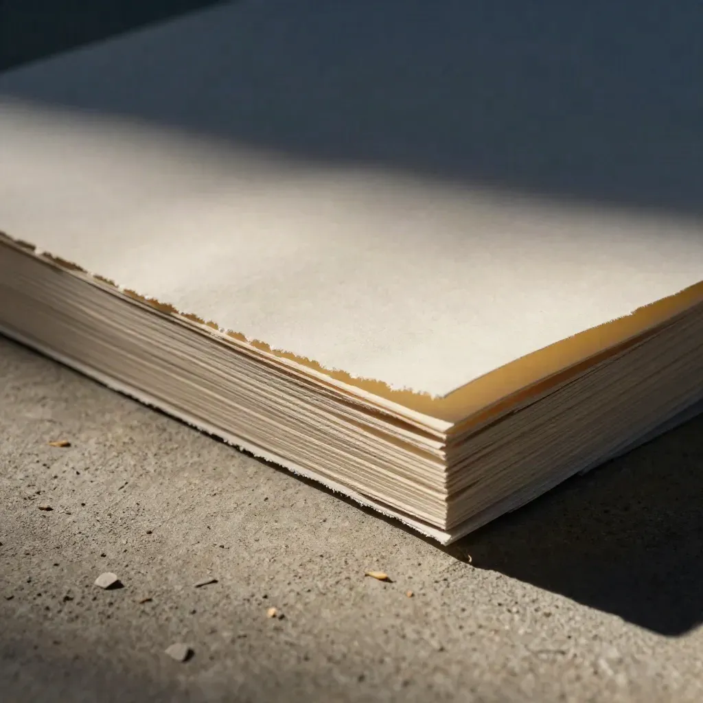 Macro side view of stacked paper sheets on concrete with torn edge, fold and paper crumbs.