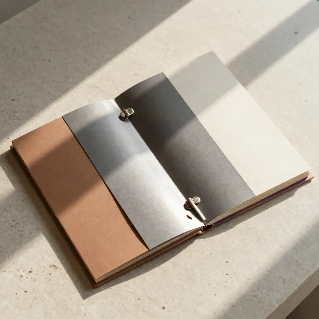 Overhead launch-kit folio flatlay on pale stone with clasp, folded card, and violet-edged inserts.