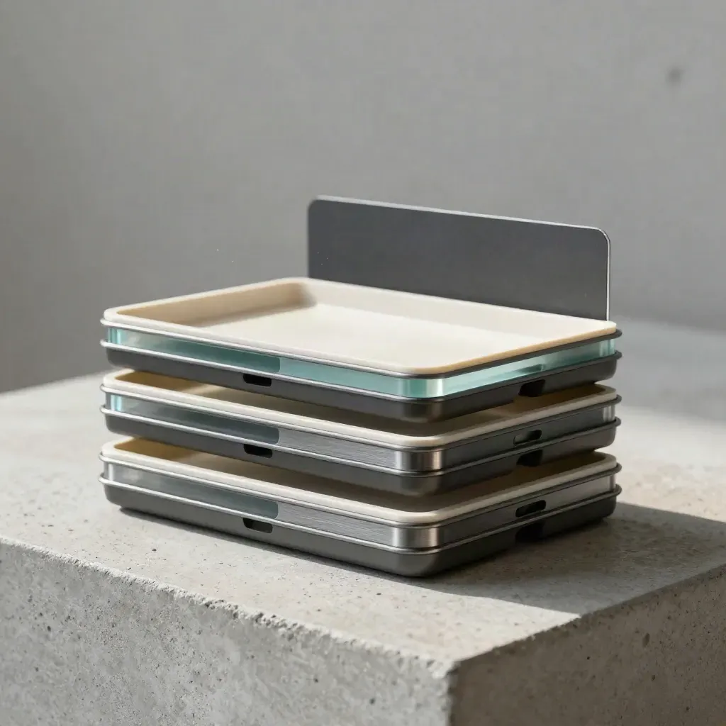 Three modular agency plan kits stacked on concrete, lit from upper left with a soft cyan accent.