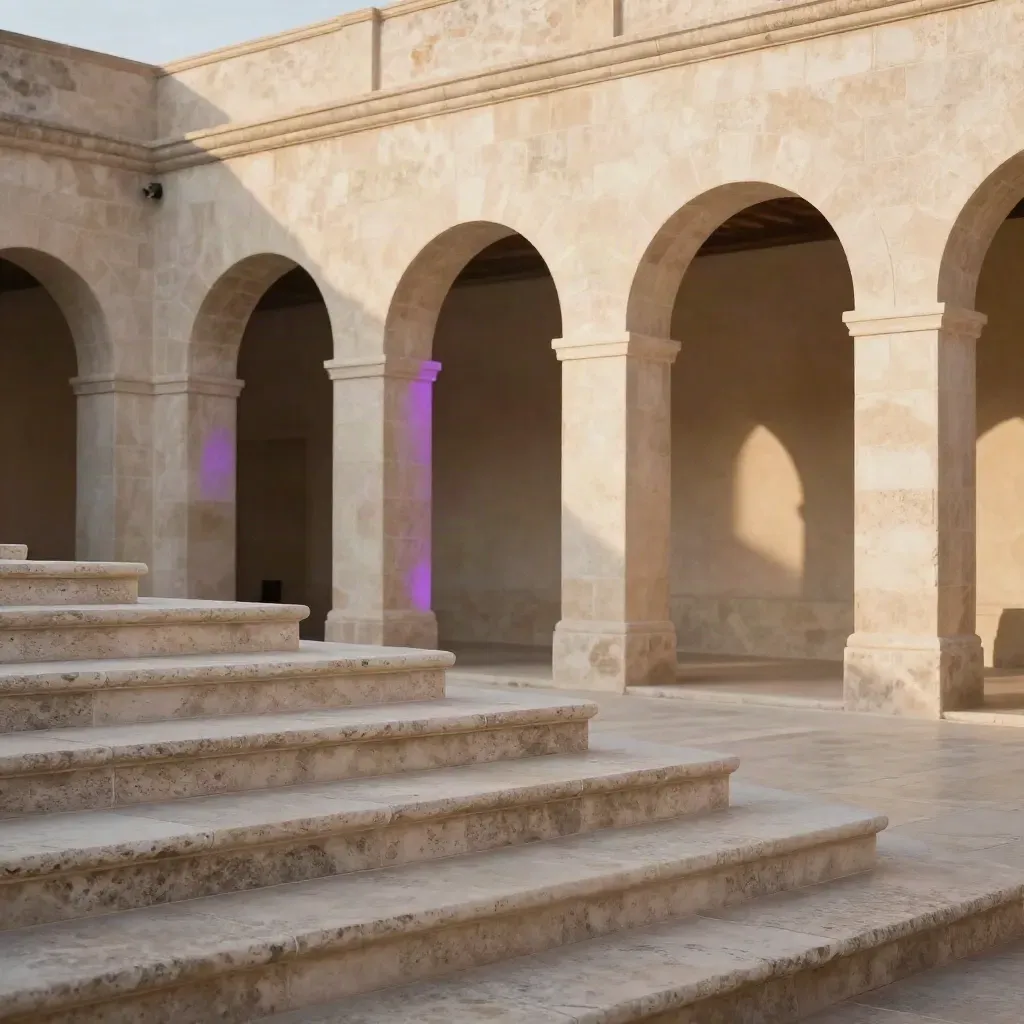 Limestone arcade and stair with long shadows and a faint violet glow.