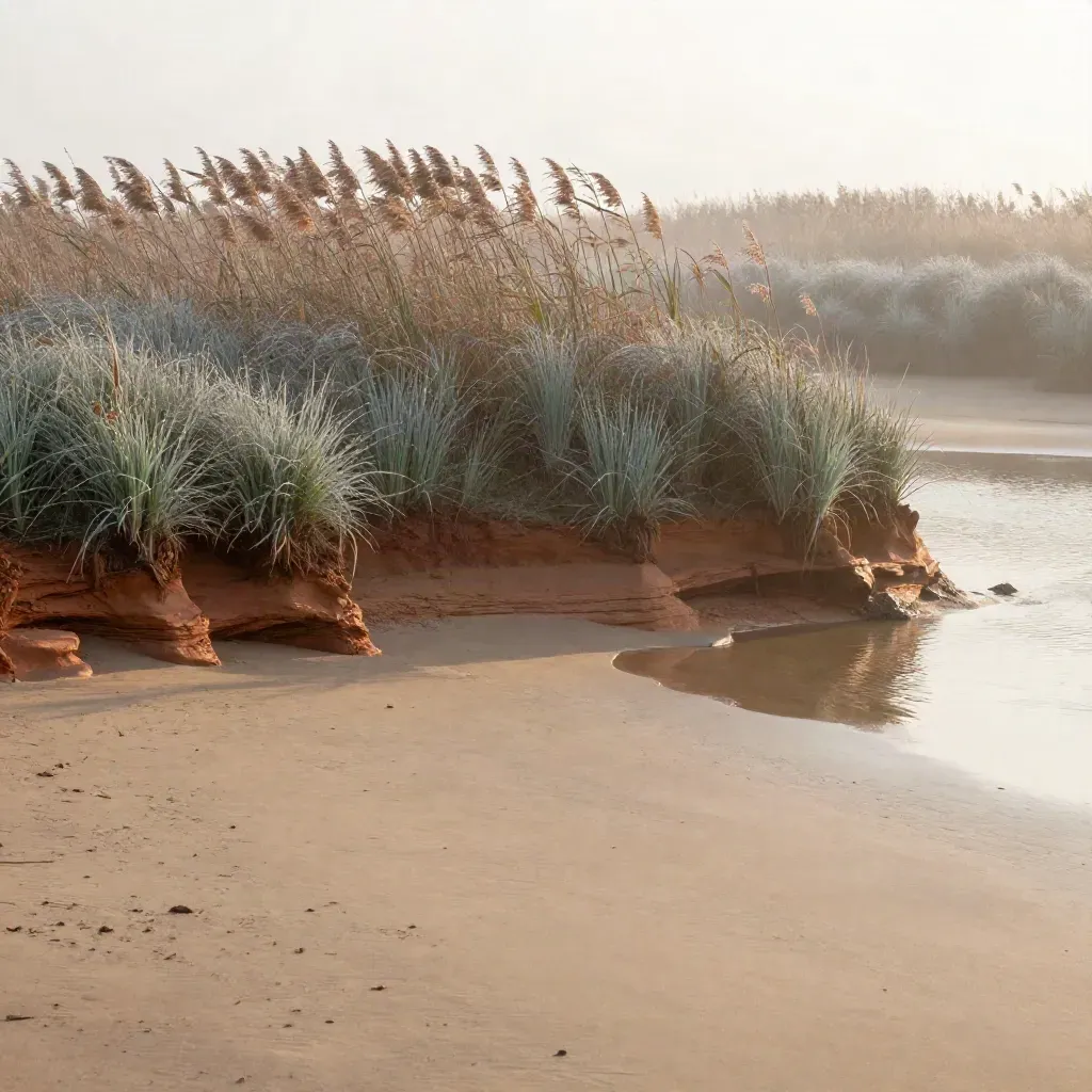 Misty reed marsh over a calm inlet, with pale sand and fogged water beneath a soft horizon