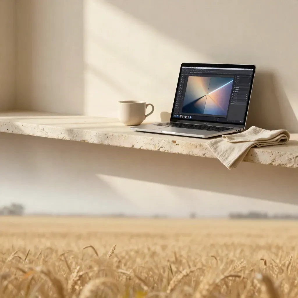 Plaster wall and stone shelf with a laptop and tablet under a soft window shadow.